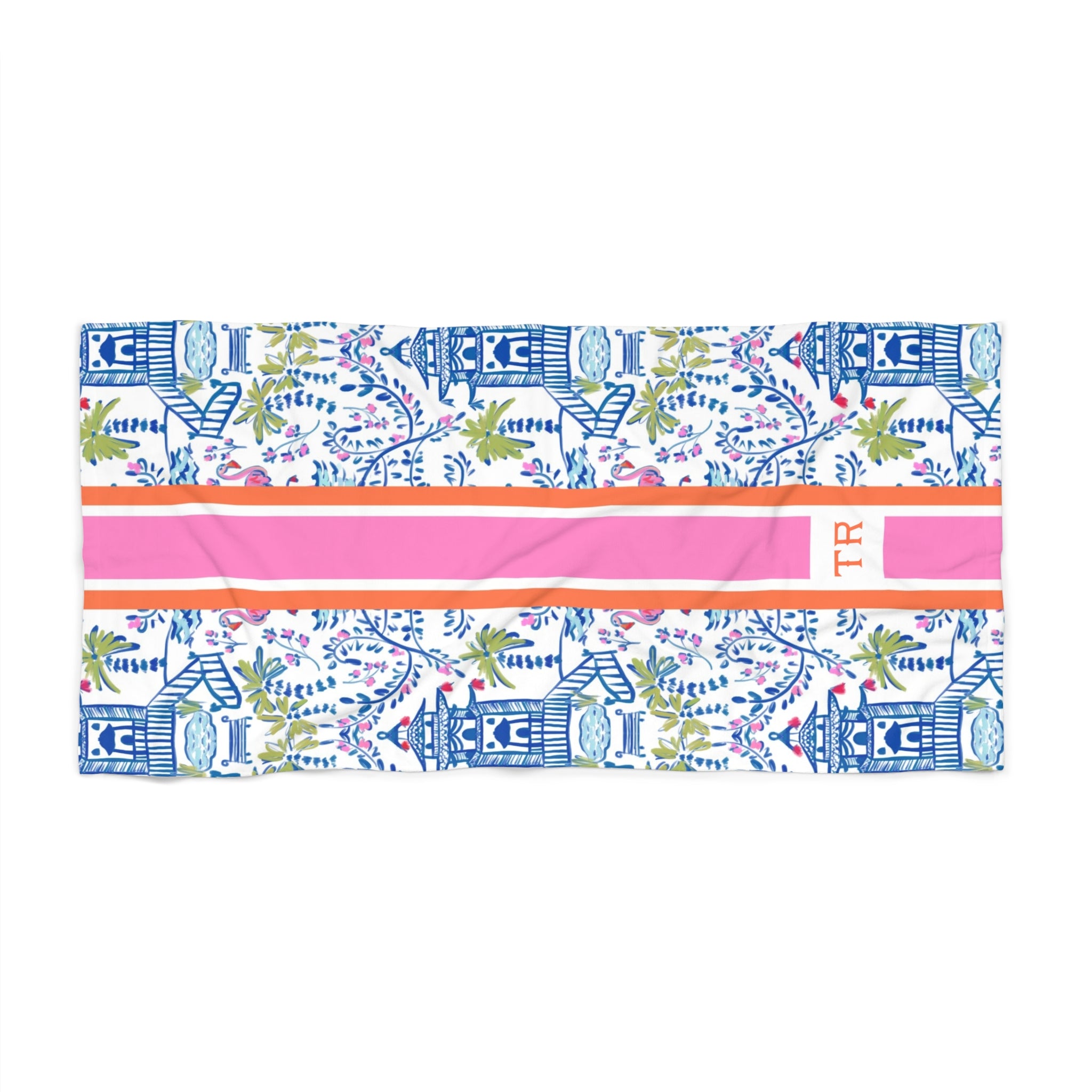 Colorful Chinoiserie Striped Monogrammed Beach Towel