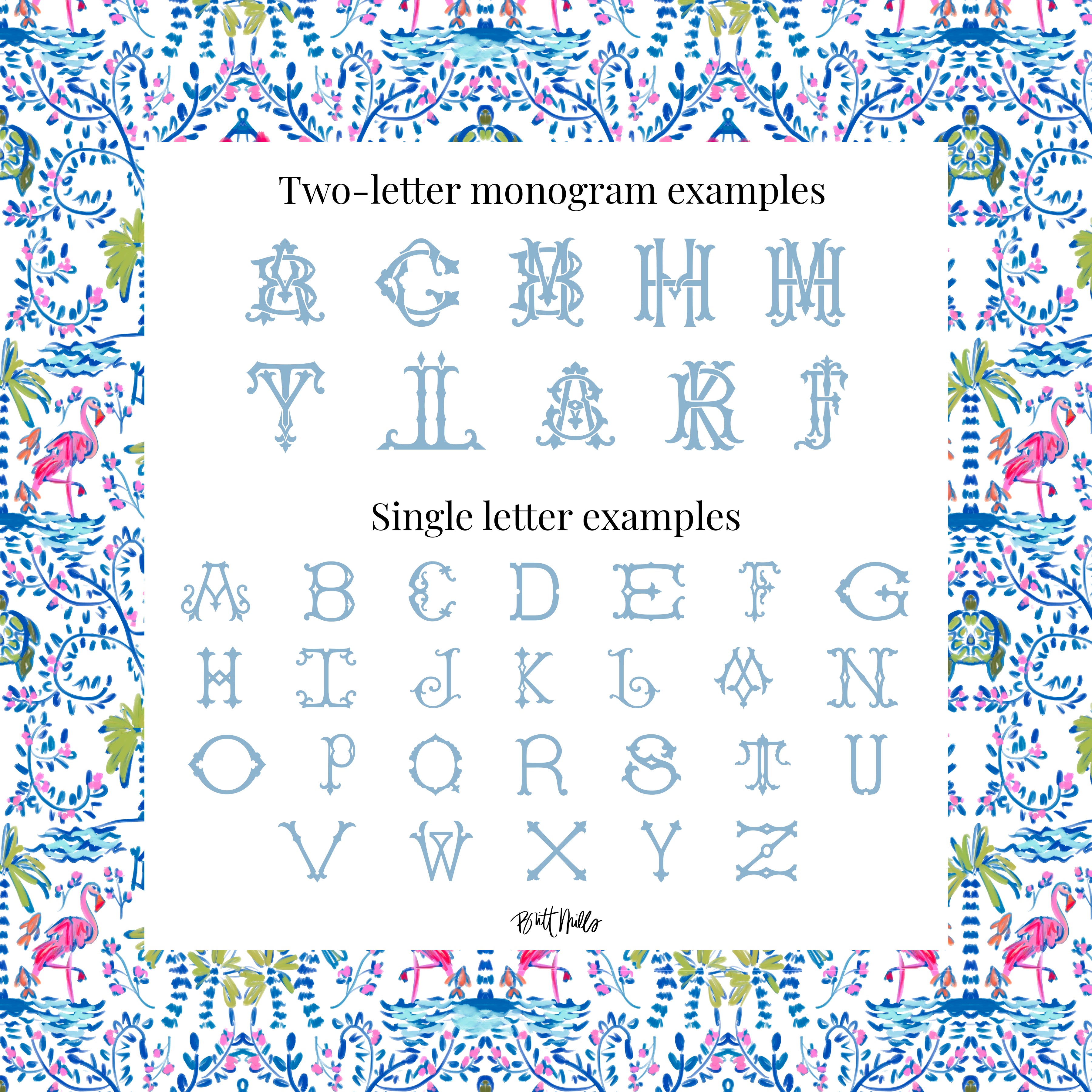 two examples of monogram designs: a two-letter monogram with the letters A to L and a single letter monogram with the letters A to Z. The monograms are presented against a background with a floral pattern.
