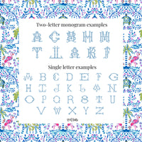 two examples of monogram designs: a two-letter monogram with the letters A to L and a single letter monogram with the letters A to Z. The monograms are presented against a background with a floral pattern.