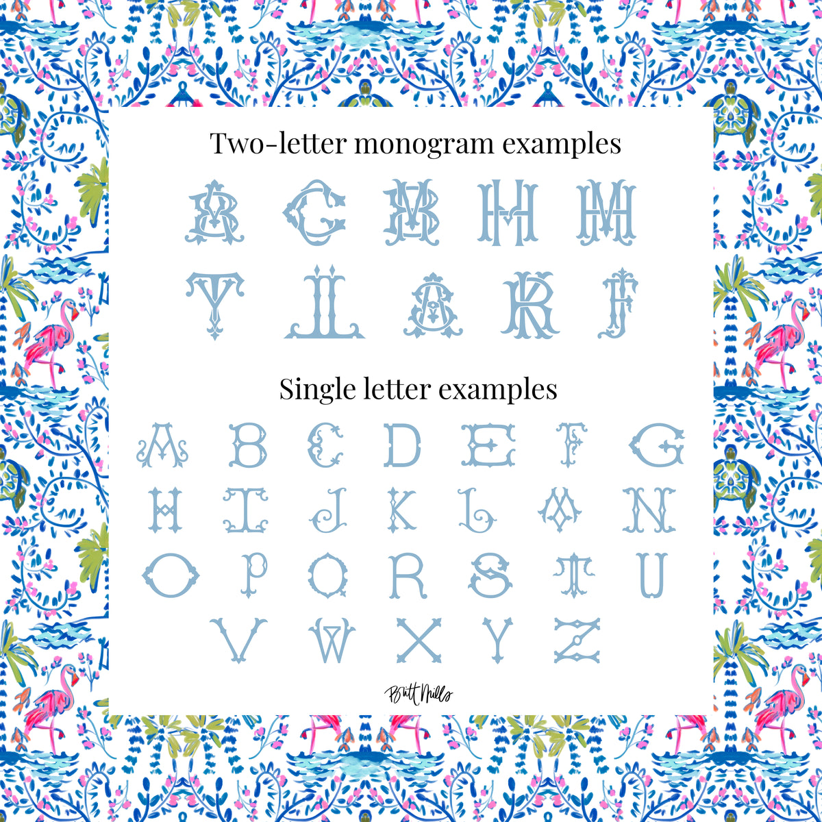 two examples of monogram designs: a two-letter monogram with the letters A to L and a single letter monogram with the letters A to Z. The monograms are presented against a background with a floral pattern.