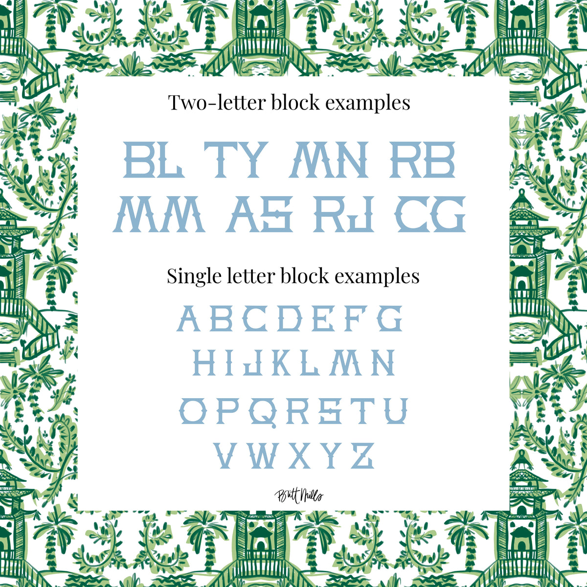 two-letter block examples and single letter block examples of various font styles, including the alphabet and other lettering. The font styles are presented in a block format, with each block containing multiple letters. The background of the image features a repeating pattern of green leaves and branches, creating a visually appealing and cohesive design.