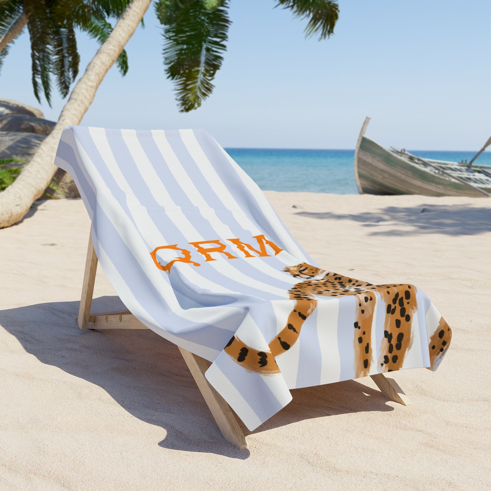 Preppy Cheetah (Blue) Monogrammed Beach Towel
