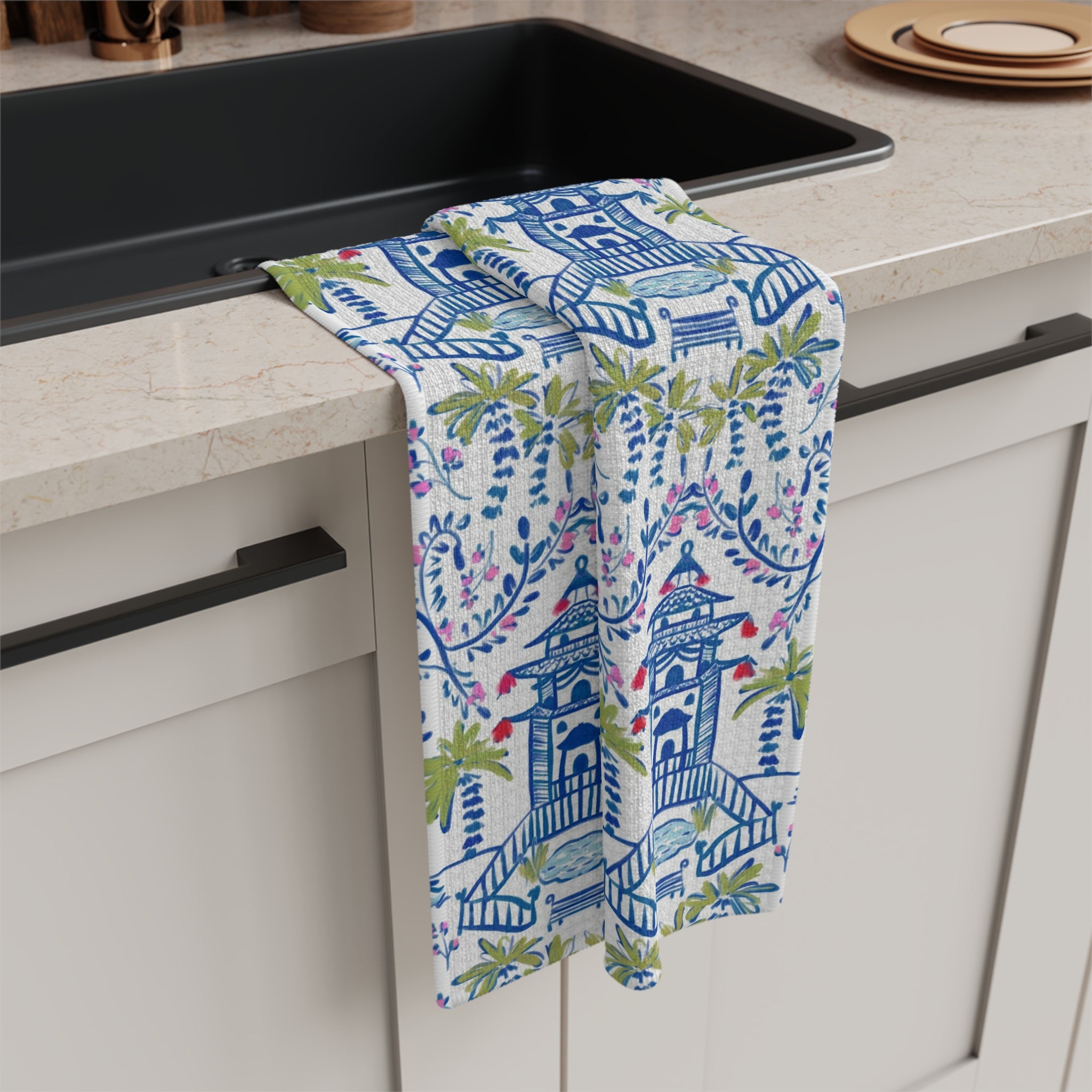 Colorful Chinoiserie Monogrammed Microfiber Kitchen Towel
