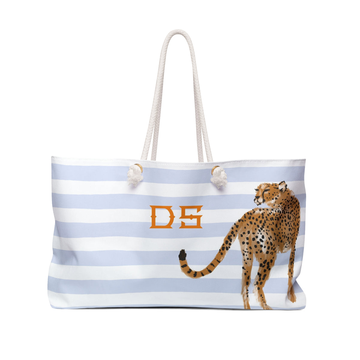 A tote bag with a striped pattern and a cheetah image printed on it.