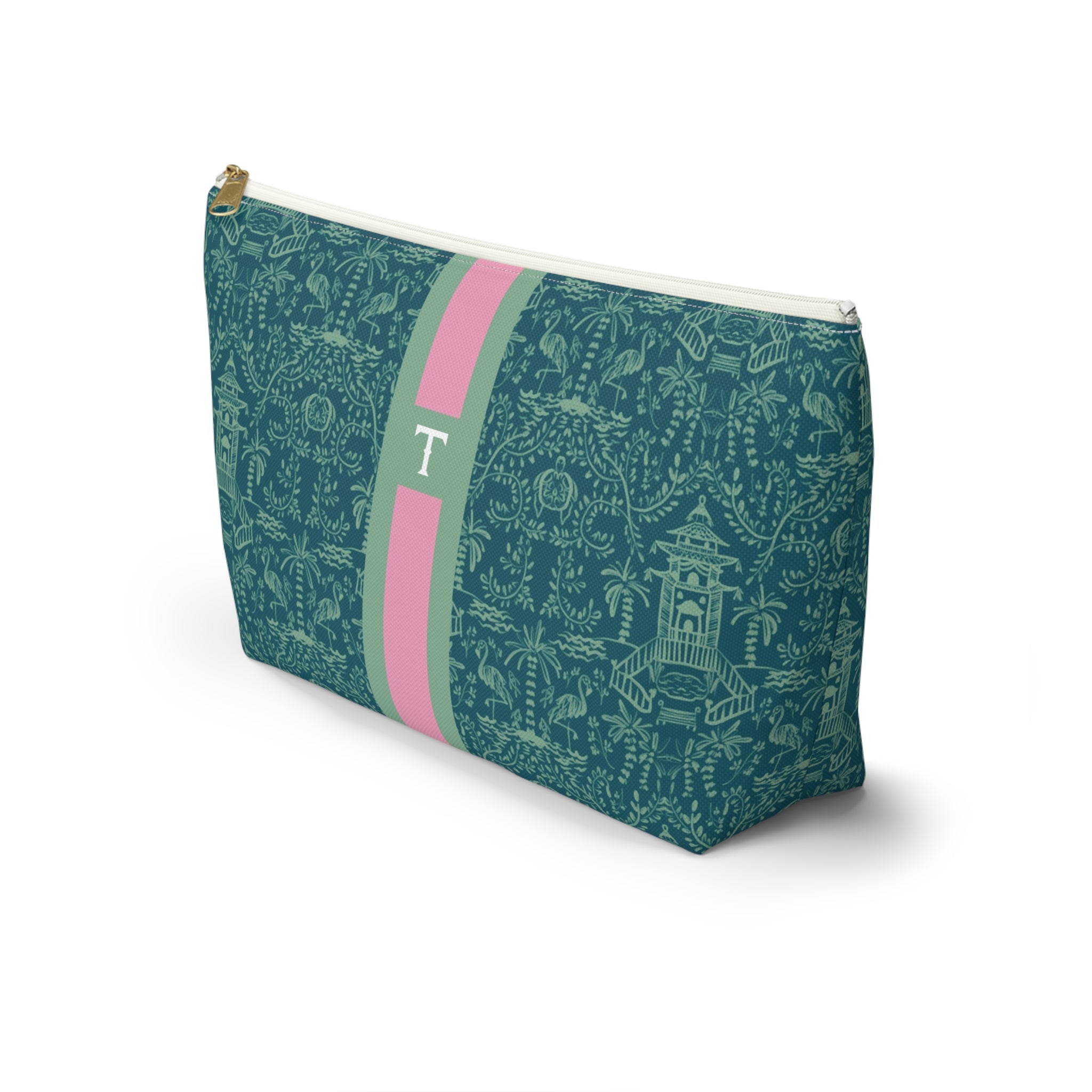 Palm Beach Teal Striped Monogrammed Mahjong Tile Pouch