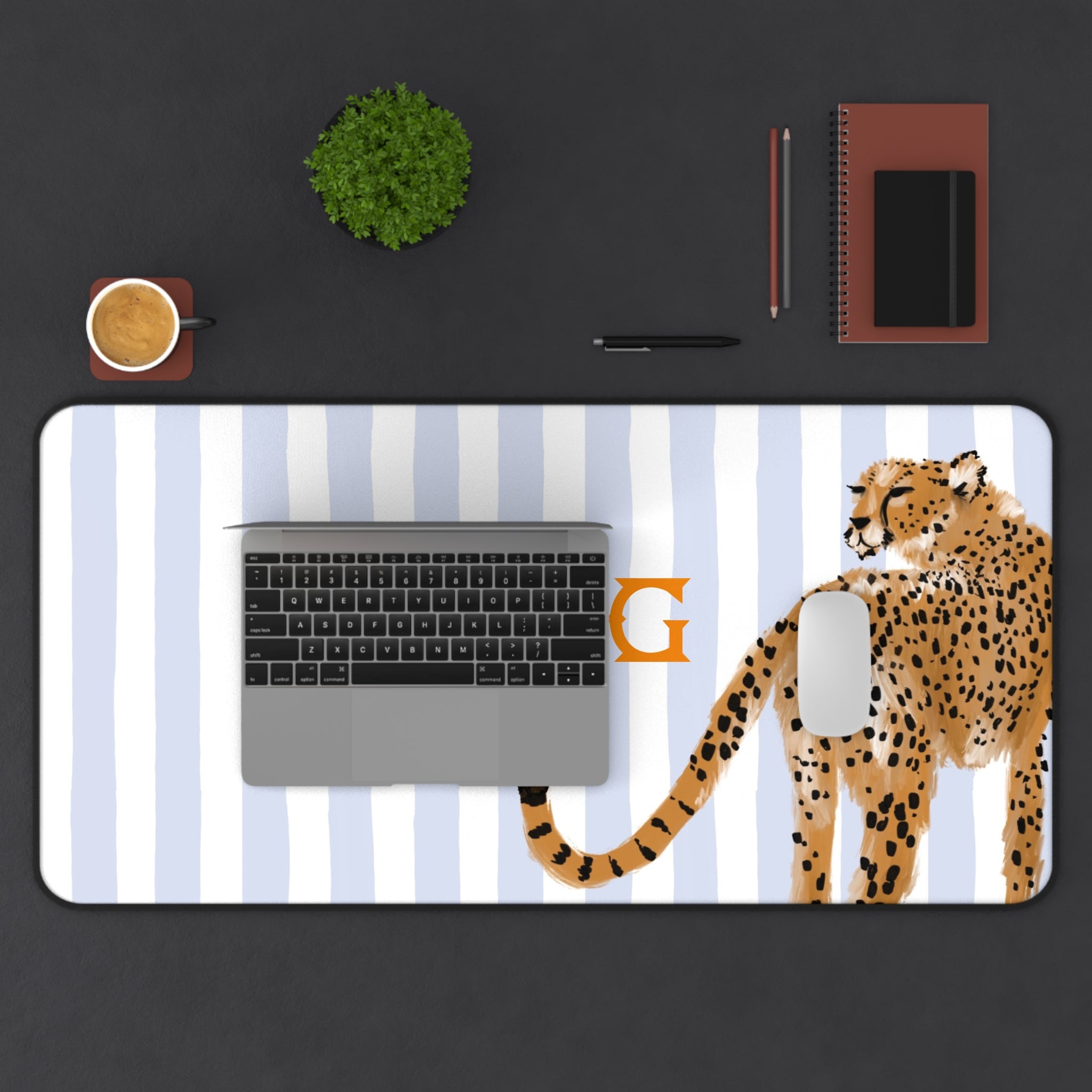 Preppy Cheetah (Blue) Monogrammed Desk Mat