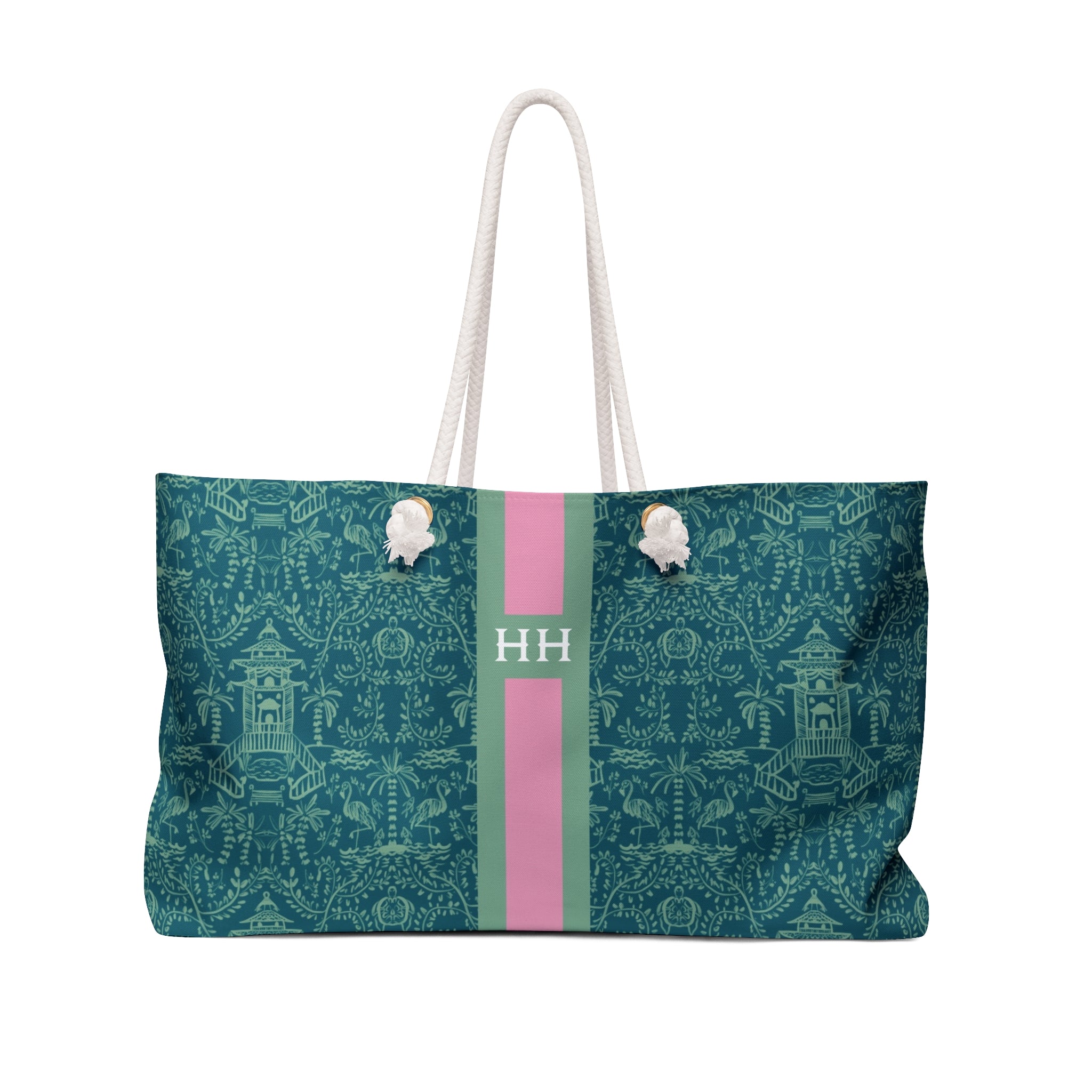 Palm Beach Teal Striped Monogrammed Mahjong Bag