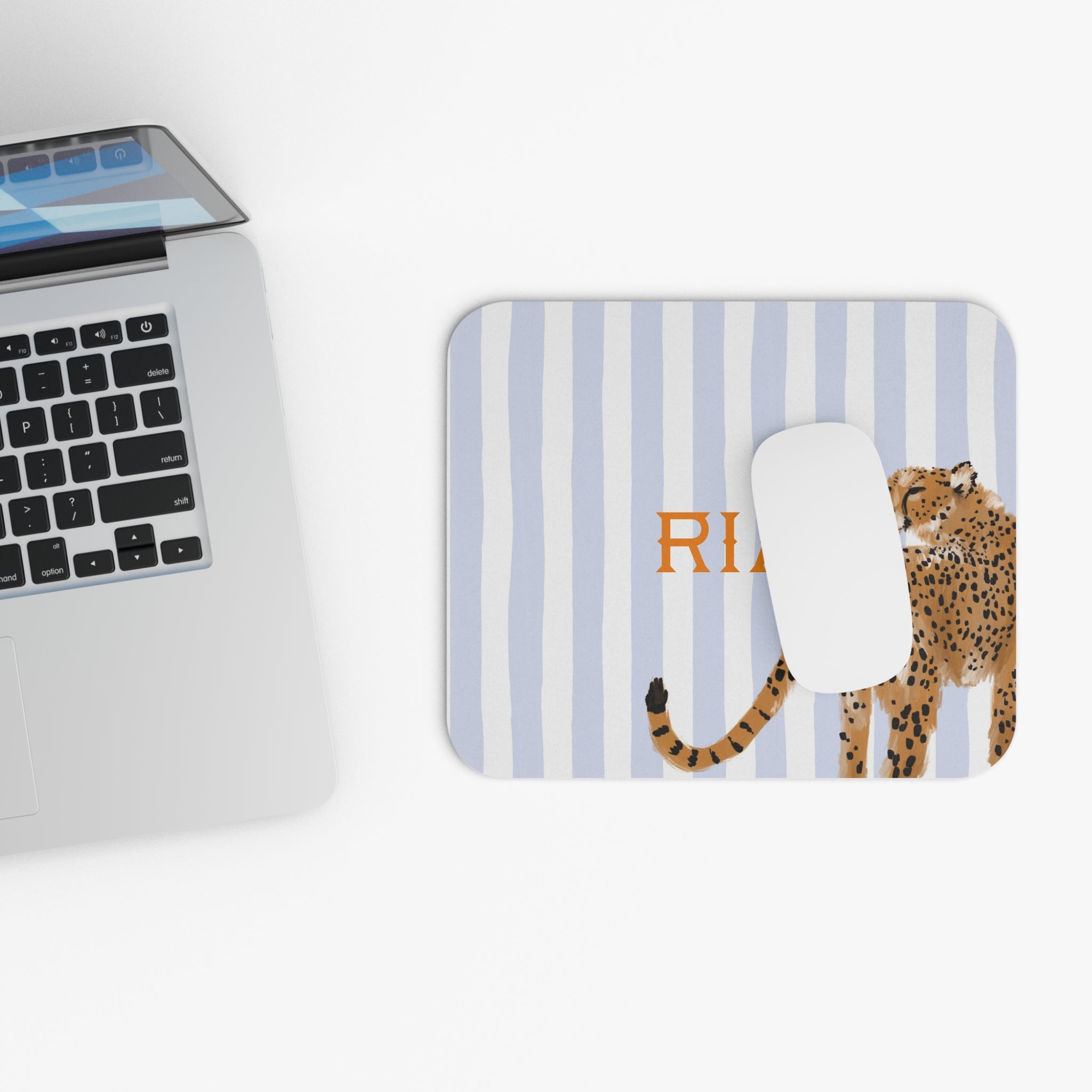Preppy Cheetah (Blue) Monogrammed Mouse Pad