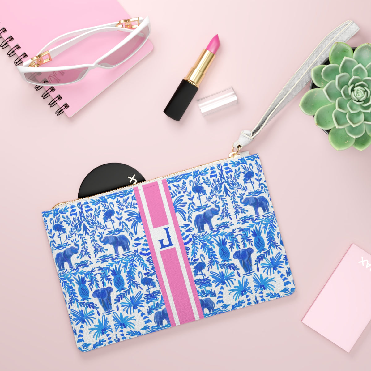 Elephant Fun Striped Monogrammed Mahjong Card Pouch