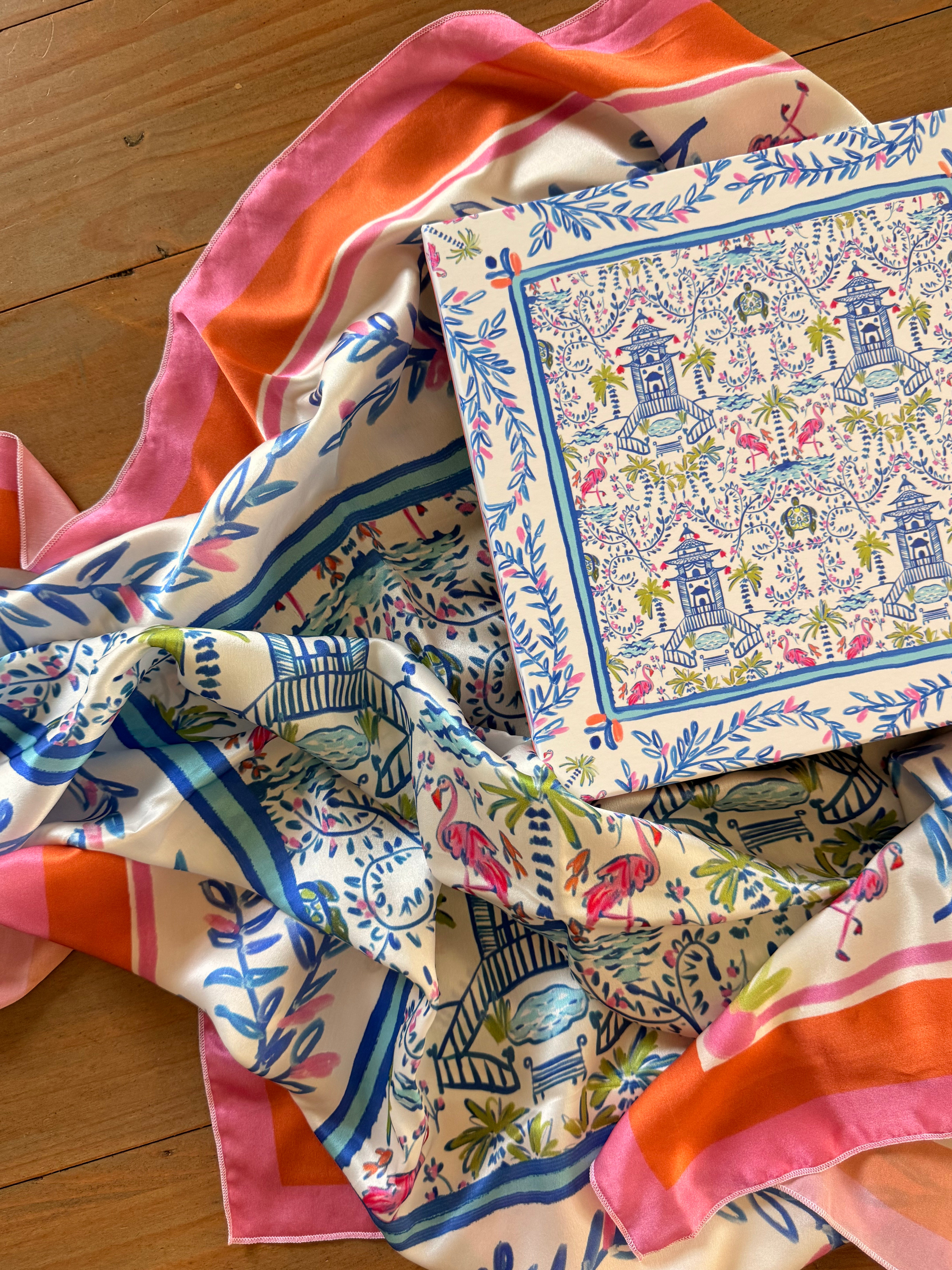 Colorful Chinoiserie Silk Scarf & Shaw