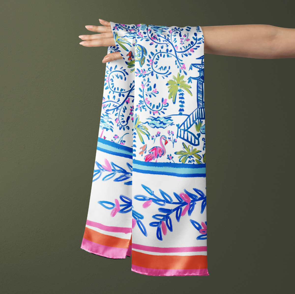 Colorful Chinoiserie Silk Scarf & Shaw