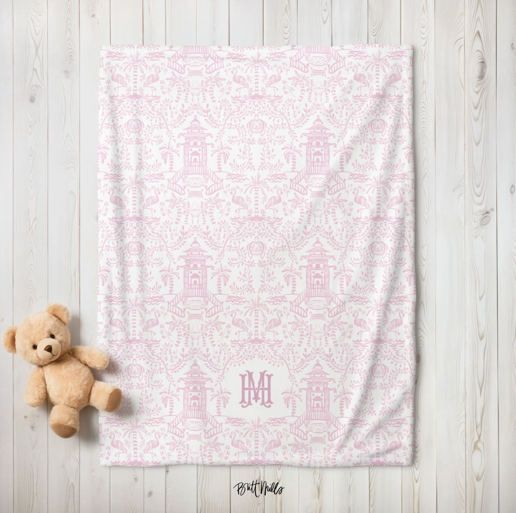 Palm Beach (Pink) Monogrammed Baby Blanket
