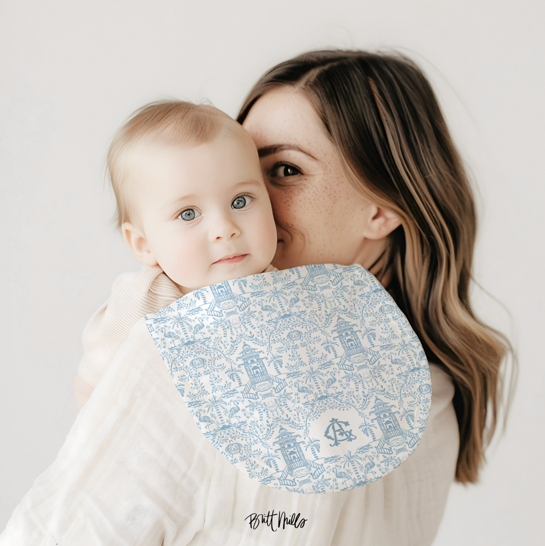 Palm Beach (Sky) Monogrammed Baby Burp Cloth