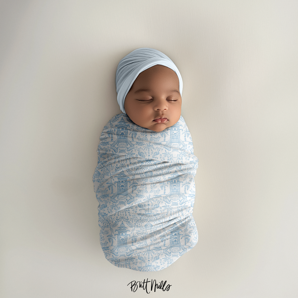 Palm Beach (Sky) Monogrammed Swaddle Blanket