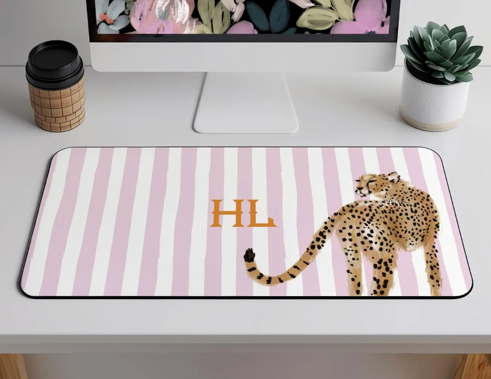 Preppy Cheetah Monogrammed Desk Mat – Small (18″ x 12″)