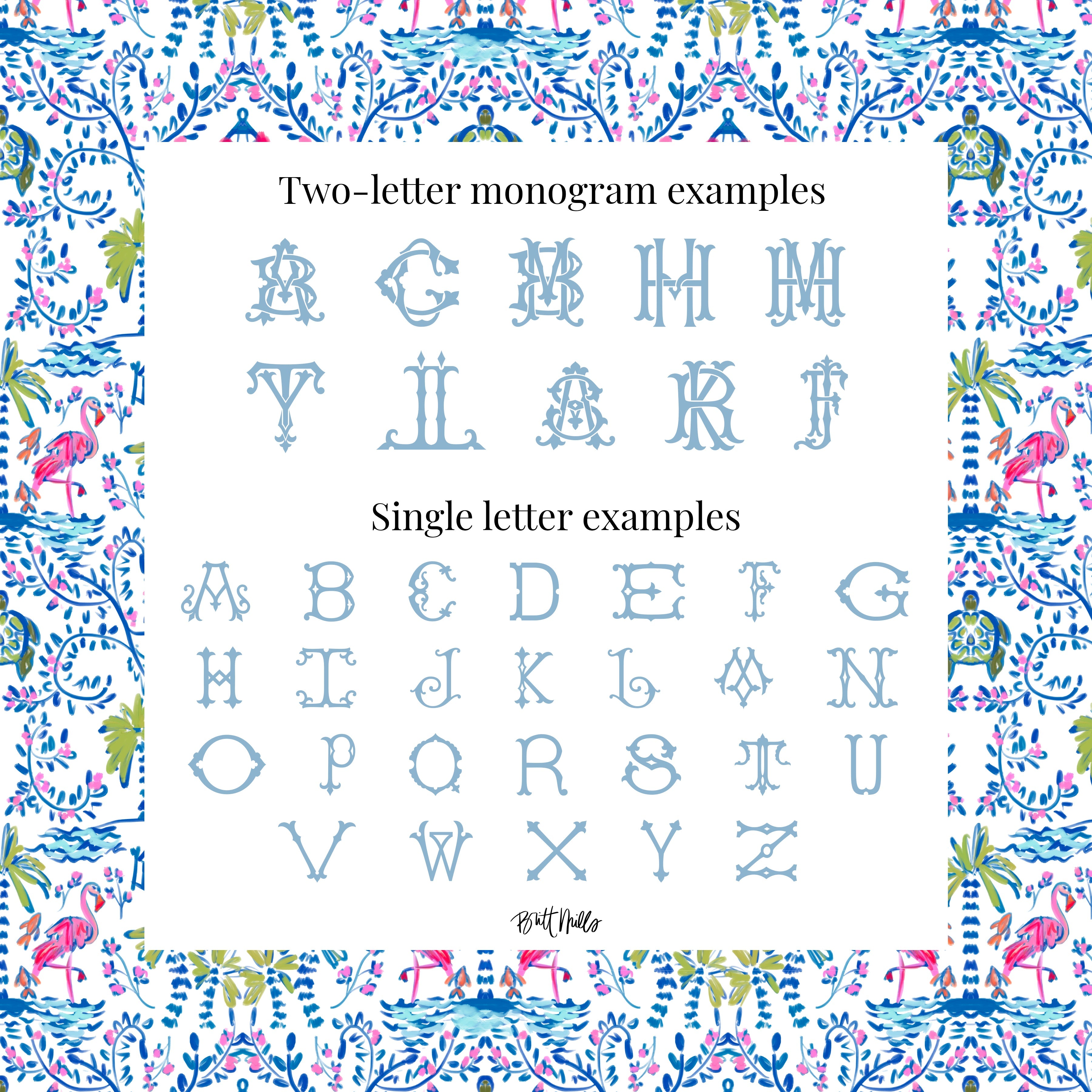 two examples of monogram designs: a two-letter monogram with the letters A to L and a single letter monogram with the letters A to Z. The monograms are presented against a background with a floral pattern.