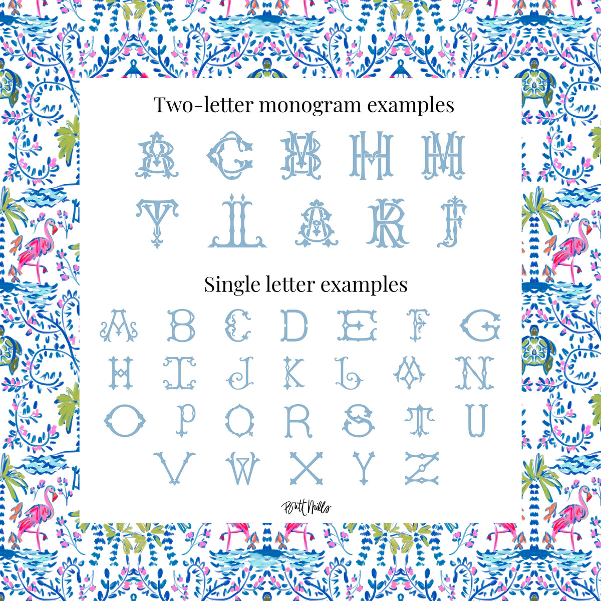 two examples of monogram designs: a two-letter monogram with the letters A to L and a single letter monogram with the letters A to Z. The monograms are presented against a background with a floral pattern.