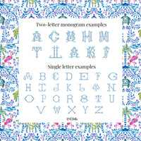 two examples of monogram designs: a two-letter monogram with the letters A to L and a single letter monogram with the letters A to Z. The monograms are presented against a background with a floral pattern.