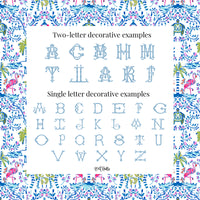 two-letter decorative examples and single-letter decorative examples of various alphabets and letters. The two-letter examples include the letters A, B, C, D, E, F, G, H, I, J, K, L, M, N, O, P, Q, R, S, T, U, V, W, X, Y, Z, and some additional decorative elements. The single-letter examples consist of the letters A, B, C, D, E, F, G, H, I, J, K, L, M, N, O, P, Q, R, S, T, U, V, W, X, Y, Z, and some additional decorative elements.
