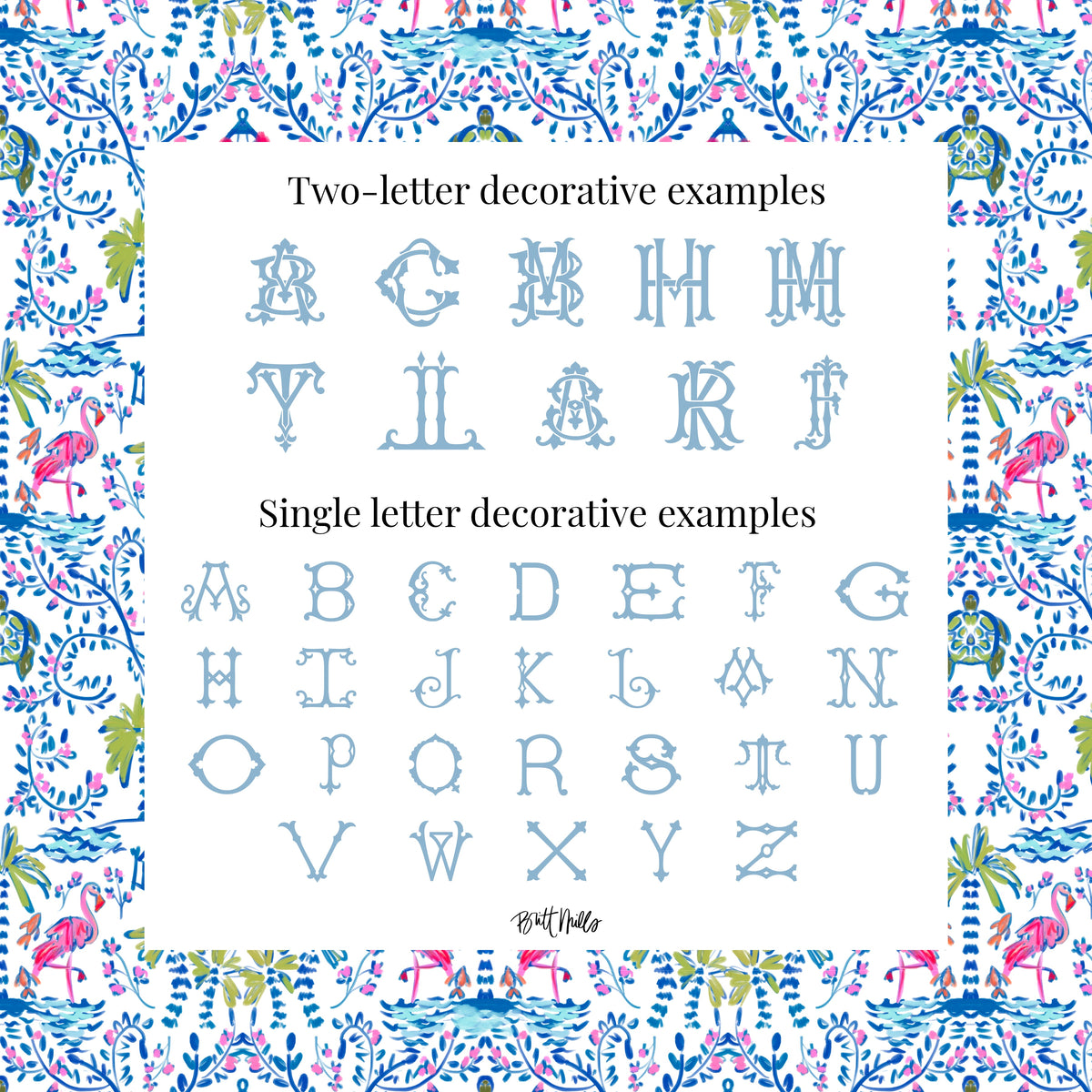 two-letter decorative examples and single-letter decorative examples of various alphabets and letters. The two-letter examples include the letters A, B, C, D, E, F, G, H, I, J, K, L, M, N, O, P, Q, R, S, T, U, V, W, X, Y, Z, and some additional decorative elements. The single-letter examples consist of the letters A, B, C, D, E, F, G, H, I, J, K, L, M, N, O, P, Q, R, S, T, U, V, W, X, Y, Z, and some additional decorative elements.