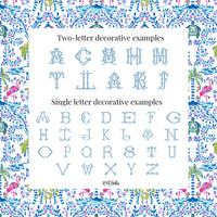 two-letter decorative examples and single-letter decorative examples of various alphabets and letters. The two-letter examples include the letters A, B, C, D, E, F, G, H, I, J, K, L, M, N, O, P, Q, R, S, T, U, V, W, X, Y, Z, and some additional decorative elements. The single-letter examples consist of the letters A, B, C, D, E, F, G, H, I, J, K, L, M, N, O, P, Q, R, S, T, U, V, W, X, Y, Z, and some additional decorative elements.