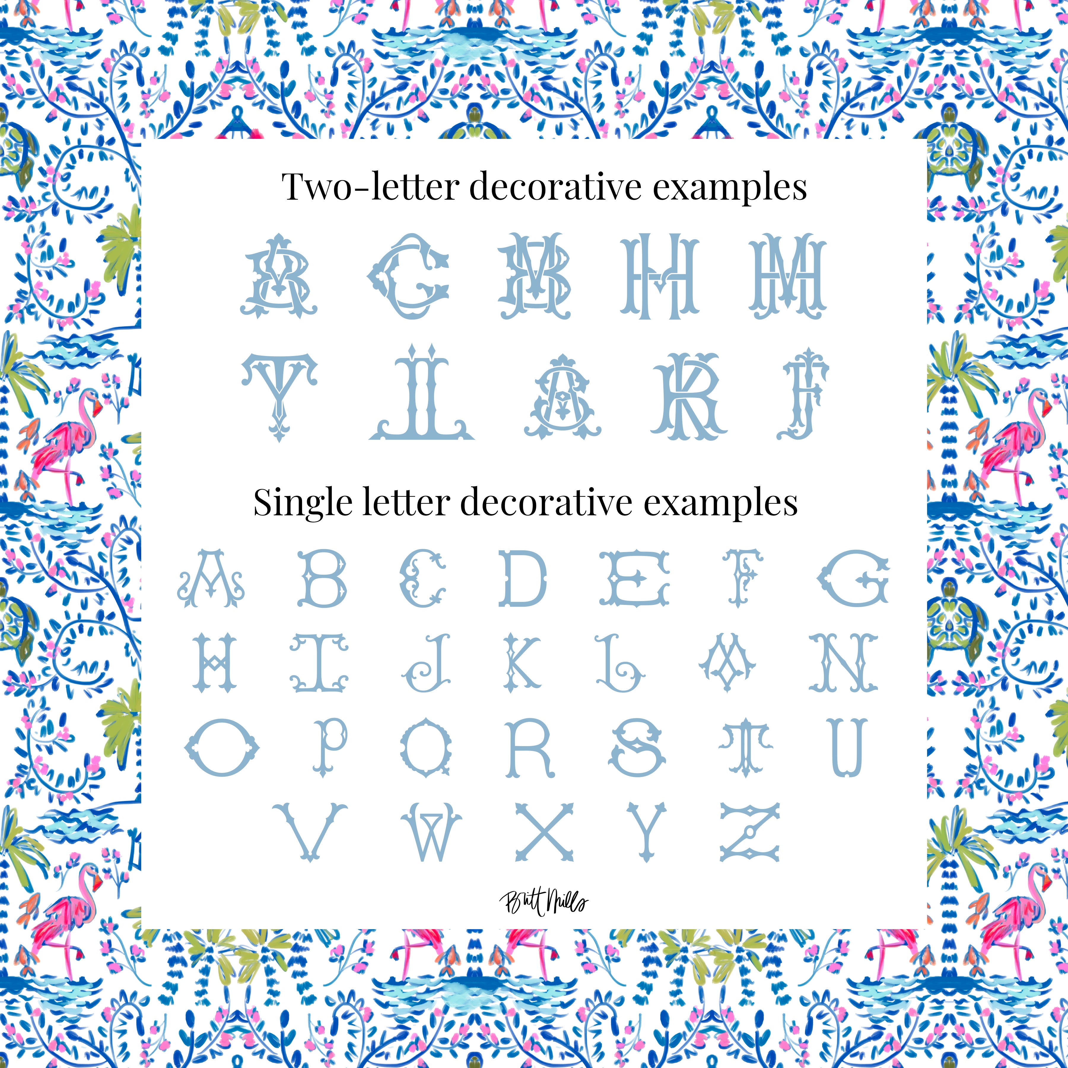 two-letter decorative examples and single-letter decorative examples of various alphabets and letters. The two-letter examples include the letters A, B, C, D, E, F, G, H, I, J, K, L, M, N, O, P, Q, R, S, T, U, V, W, X, Y, Z, and some additional decorative elements. The single-letter examples consist of the letters A, B, C, D, E, F, G, H, I, J, K, L, M, N, O, P, Q, R, S, T, U, V, W, X, Y, Z, and some additional decorative elements.