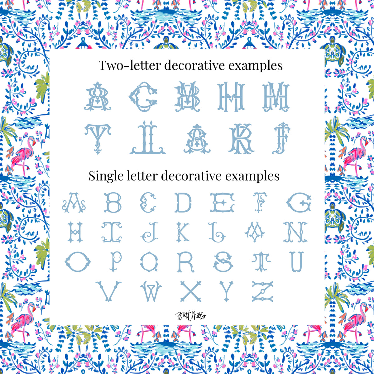 two-letter decorative examples and single-letter decorative examples of various alphabets and letters. The two-letter examples include the letters A, B, C, D, E, F, G, H, I, J, K, L, M, N, O, P, Q, R, S, T, U, V, W, X, Y, Z, and some additional decorative elements. The single-letter examples consist of the letters A, B, C, D, E, F, G, H, I, J, K, L, M, N, O, P, Q, R, S, T, U, V, W, X, Y, Z, and some additional decorative elements.