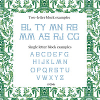 two-letter block examples and single letter block examples of various alphabets and characters, all set against a background with a repeating pattern of green and white floral designs.