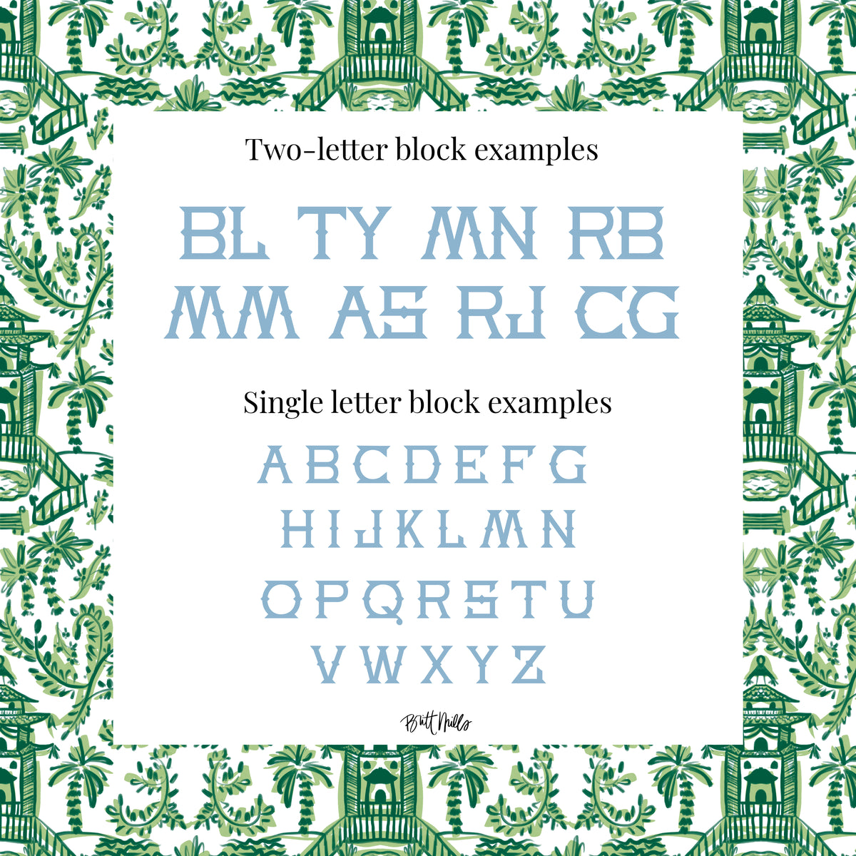 two-letter block examples and single letter block examples of various alphabets and characters, all set against a background with a repeating pattern of green and white floral designs.