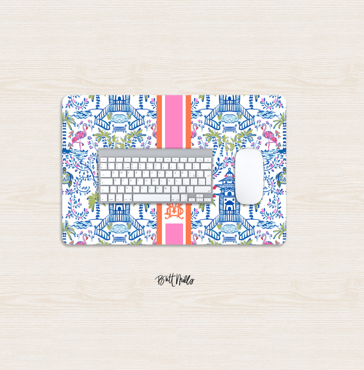 Small Desk MatColorful Chinoiserie Striped Monogrammed Desk Mat – Small (18″ x 12″)Britt Mills Design