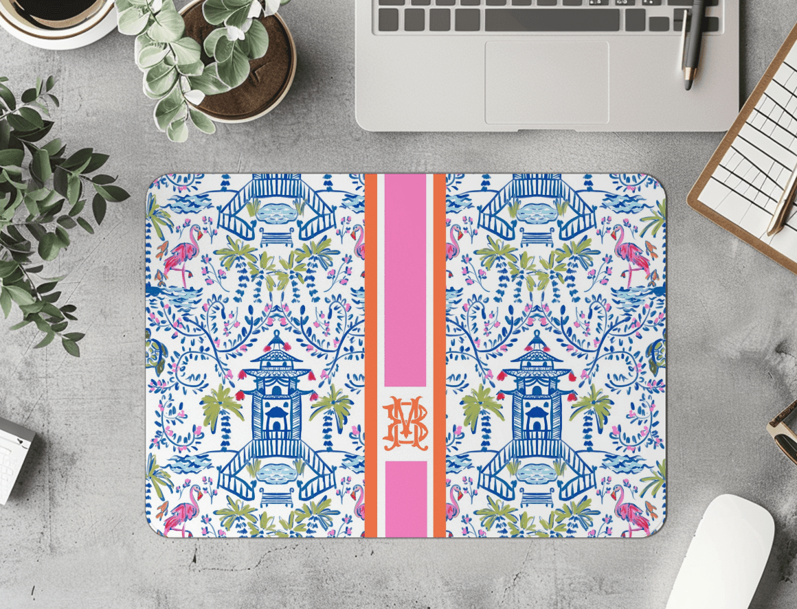 Small Desk MatColorful Chinoiserie Striped Monogrammed Desk Mat – Small (18″ x 12″)Britt Mills Design