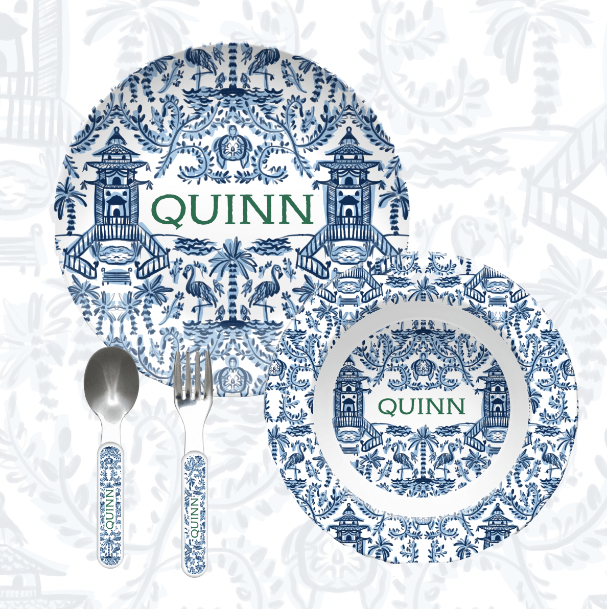 Toddler Dinnerware SetPalm Beach Toddler Personalized Dinnerware Set (Unbreakable and BPA - free)Britt Mills Design