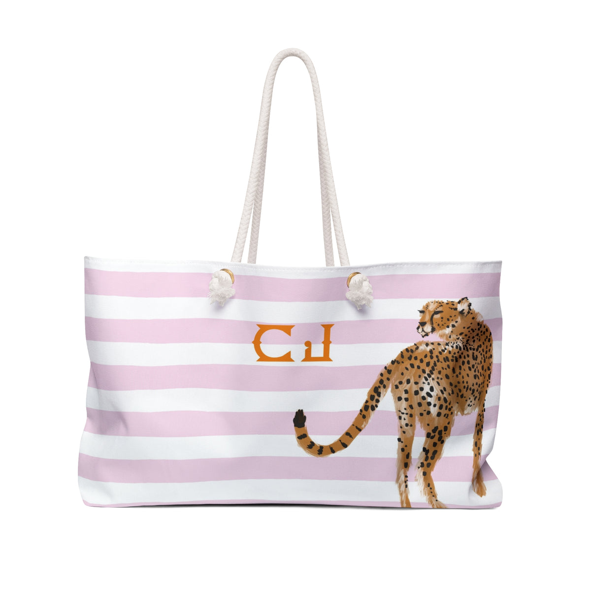 A pink and white striped tote bag with a cheetah graphic and the initials 'CJ' printed on it.