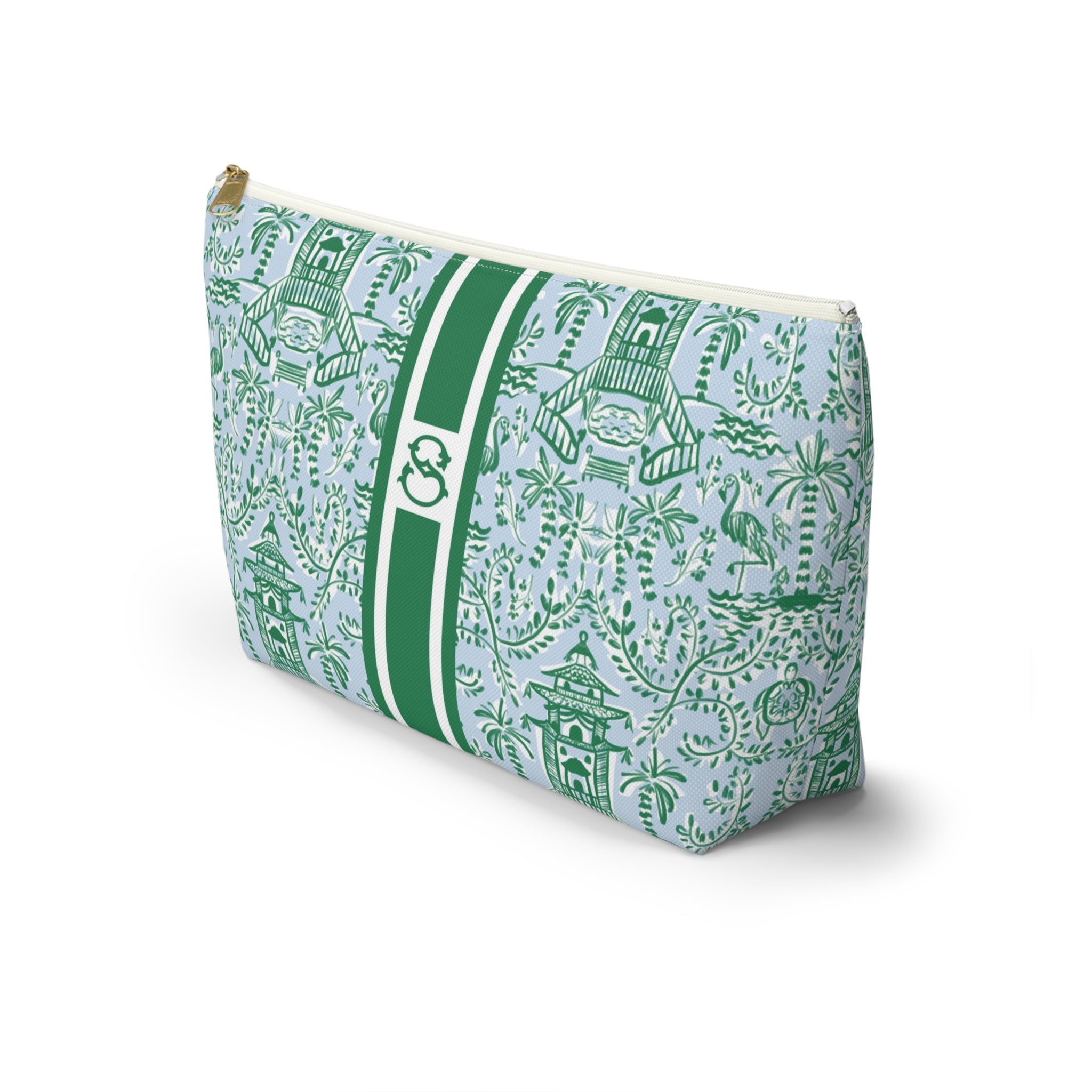 Chinoiserie Palms Striped Monogrammed Pouch