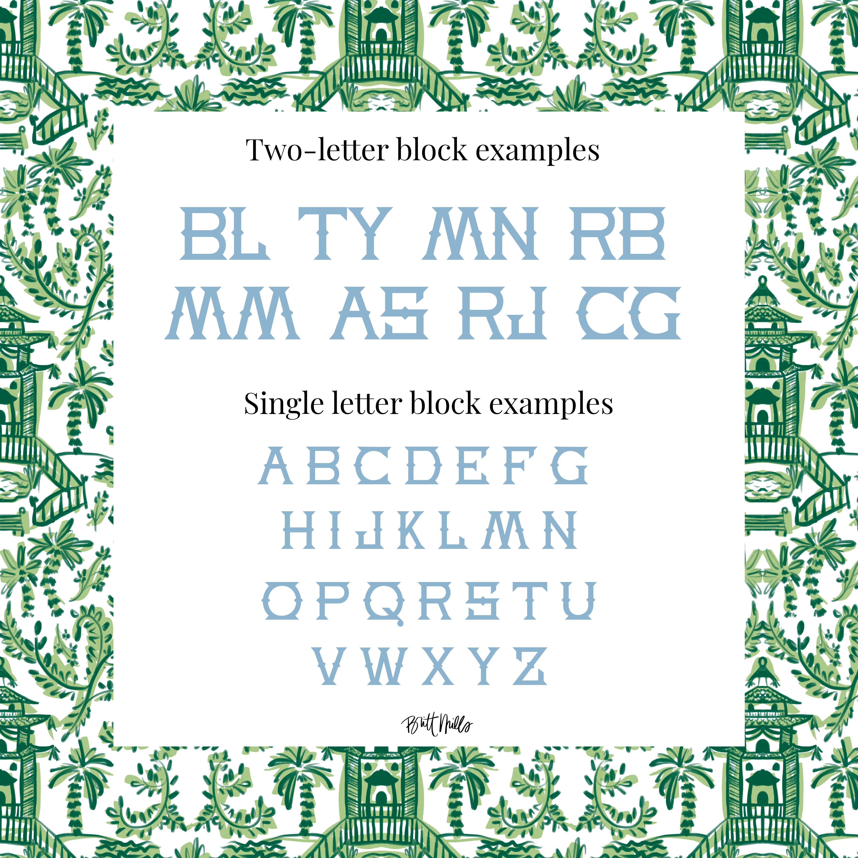 two-letter block examples and single letter block examples of various font styles, including the alphabet and other lettering. The font styles are presented in a block format, with each block containing multiple letters. The background of the image features a repeating pattern of green leaves and branches, creating a visually appealing and cohesive design.