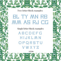 two-letter block examples and single letter block examples of various font styles, including the alphabet and other lettering. The font styles are presented in a block format, with each block containing multiple letters. The background of the image features a repeating pattern of green leaves and branches, creating a visually appealing and cohesive design.
