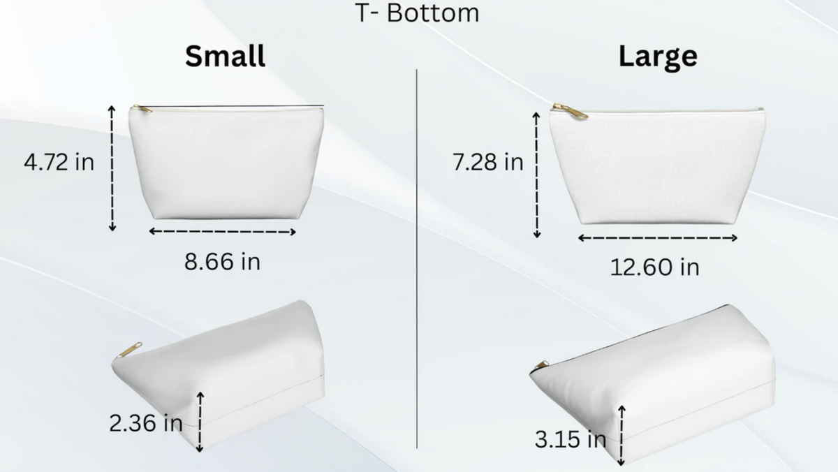 four different sizes of white cosmetic bags, labeled as small, medium, large, and extra-large. Each bag is shown with its corresponding size and dimensions, providing a clear visual representation of the bag's size variations.