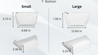four different sizes of white cosmetic bags, labeled as small, medium, large, and extra-large. Each bag is shown with its corresponding size and dimensions, providing a clear visual representation of the bag's size variations.