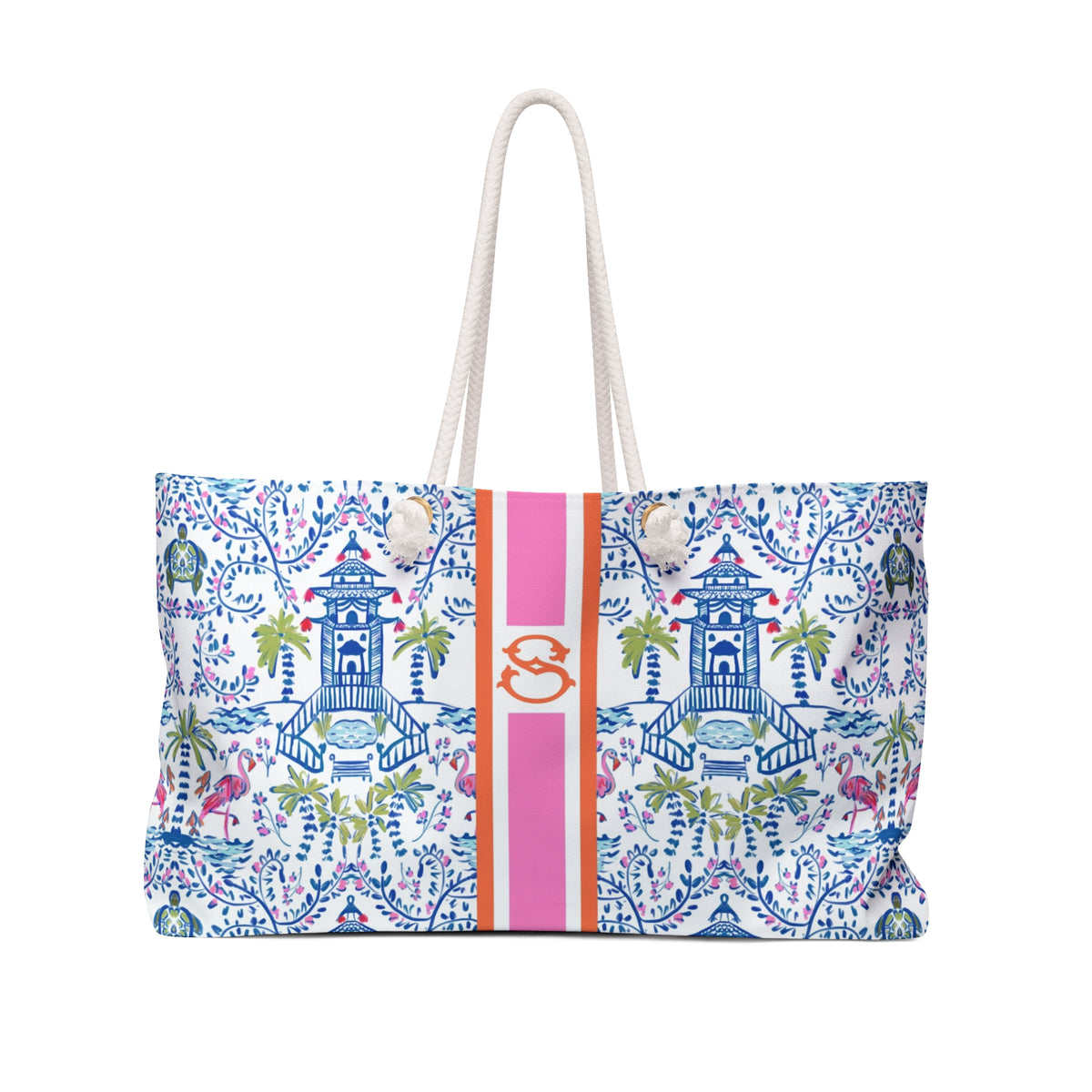 Colorful Chinoiserie Striped Monogrammed Carry-All Tote