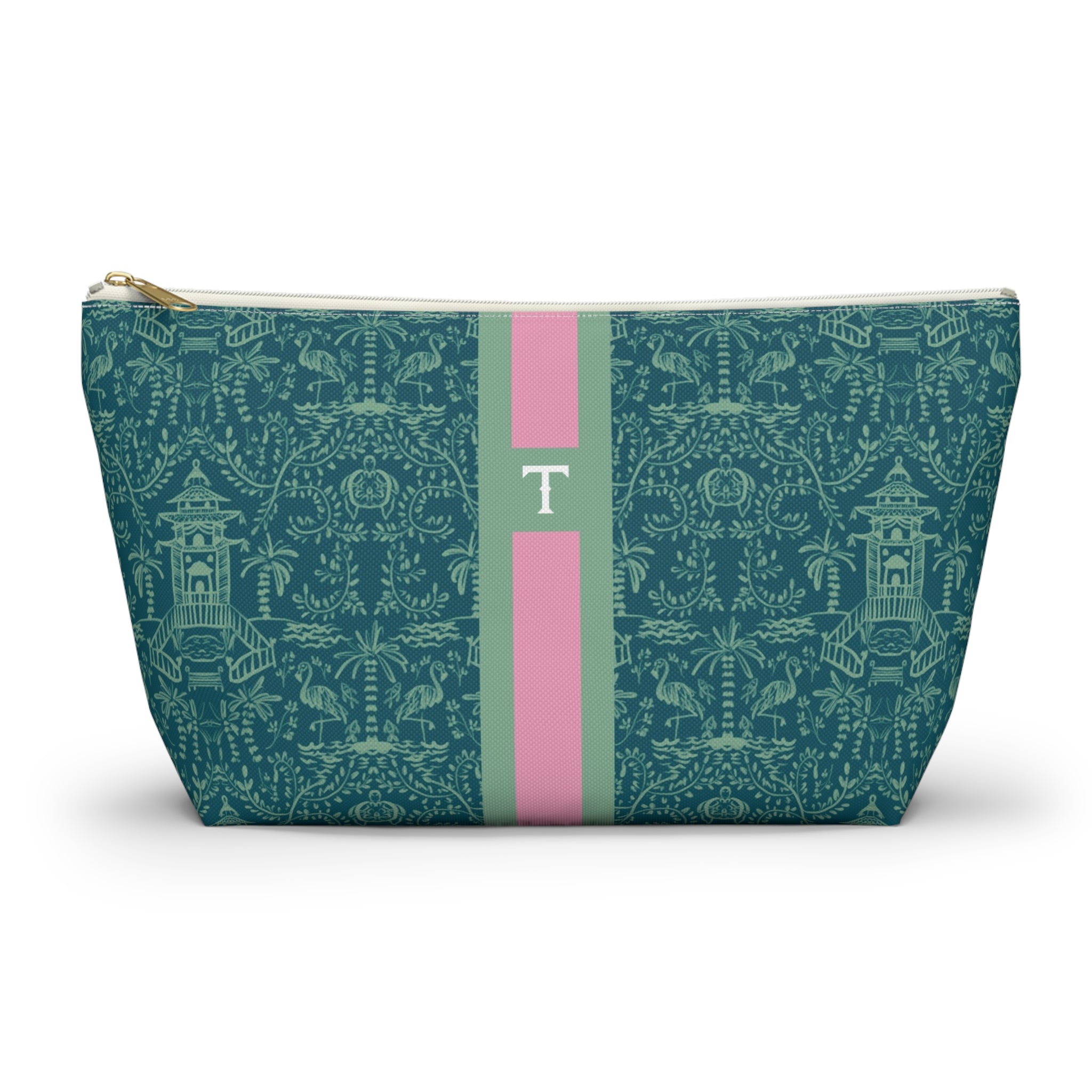 Palm Beach Teal Striped Monogrammed Mahjong Tile Pouch
