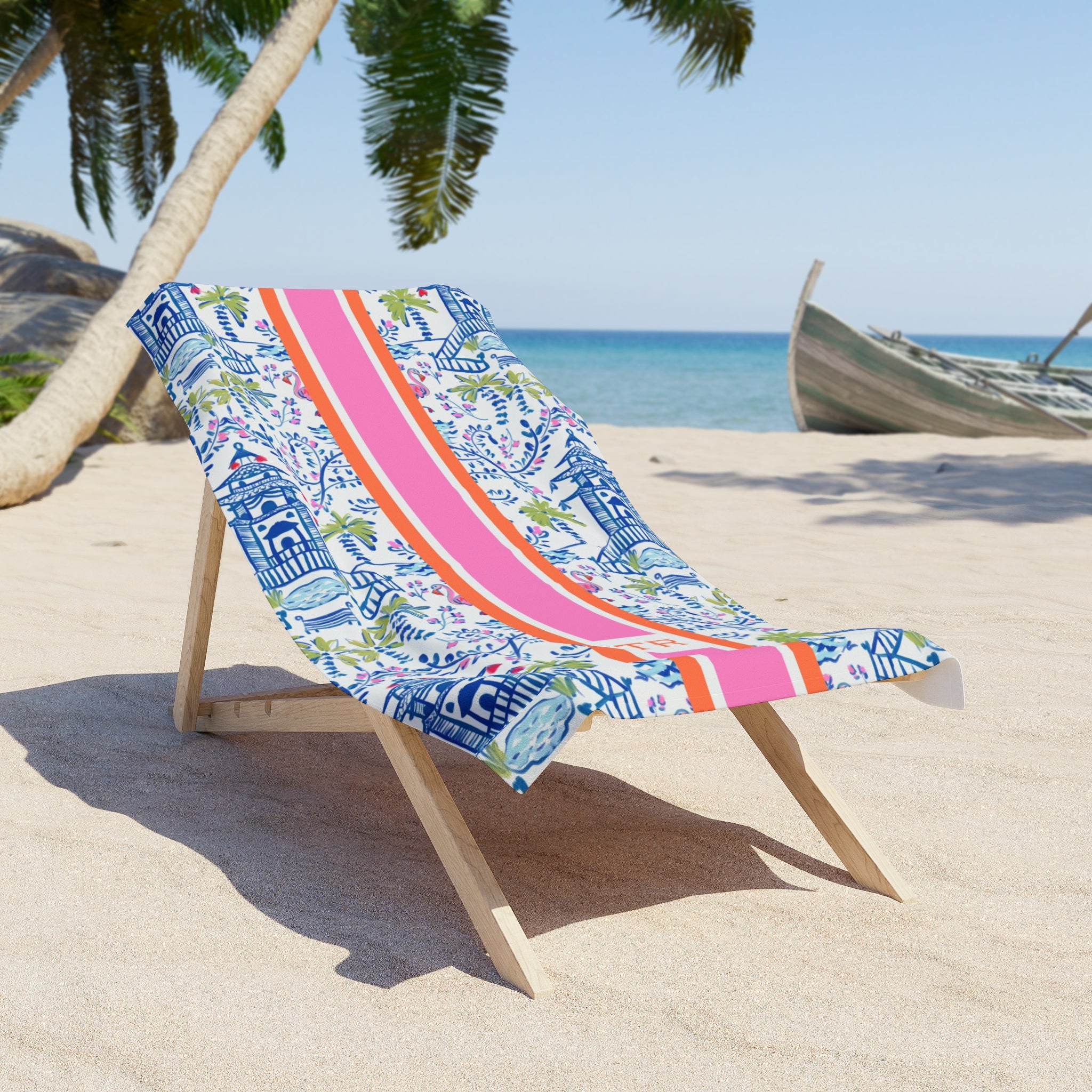 Colorful Chinoiserie Striped Monogrammed Beach Towel
