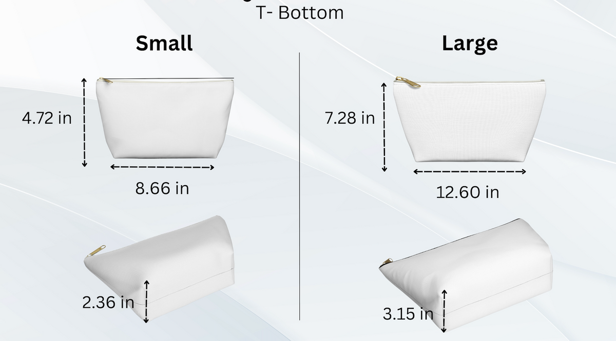 three different sizes of white cosmetic bags, labeled as small, medium, and large. The bags are shown in various positions, with the smallest one on the left, the medium one in the middle, and the largest one on the right. The image provides measurements for each bag size, with the smallest bag being 4.72 inches, the medium bag being 7.28 inches, and the largest bag being 12.60 inches.