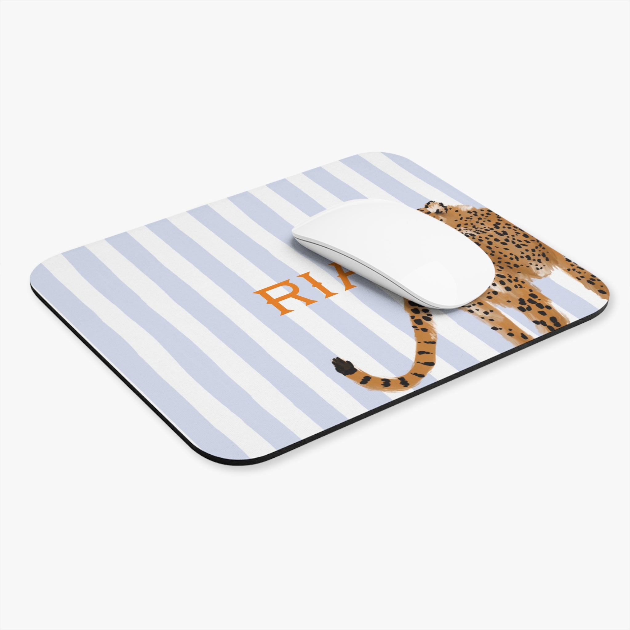 Preppy Cheetah (Blue) Monogrammed Mouse Pad