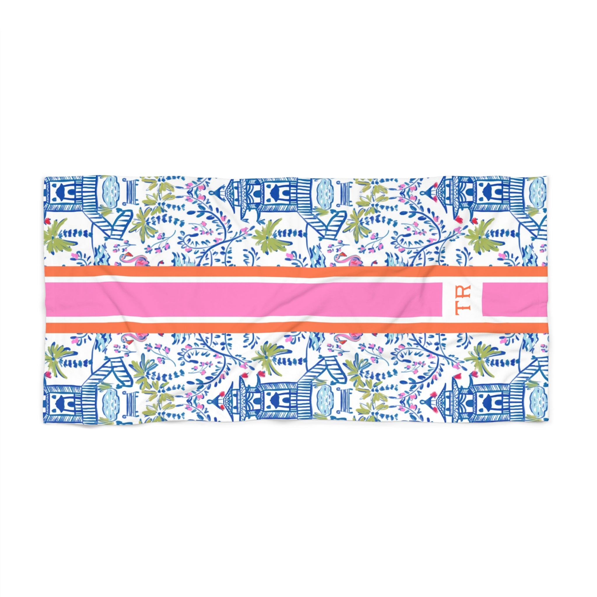 Colorful Chinoiserie Striped Monogrammed Beach Towel