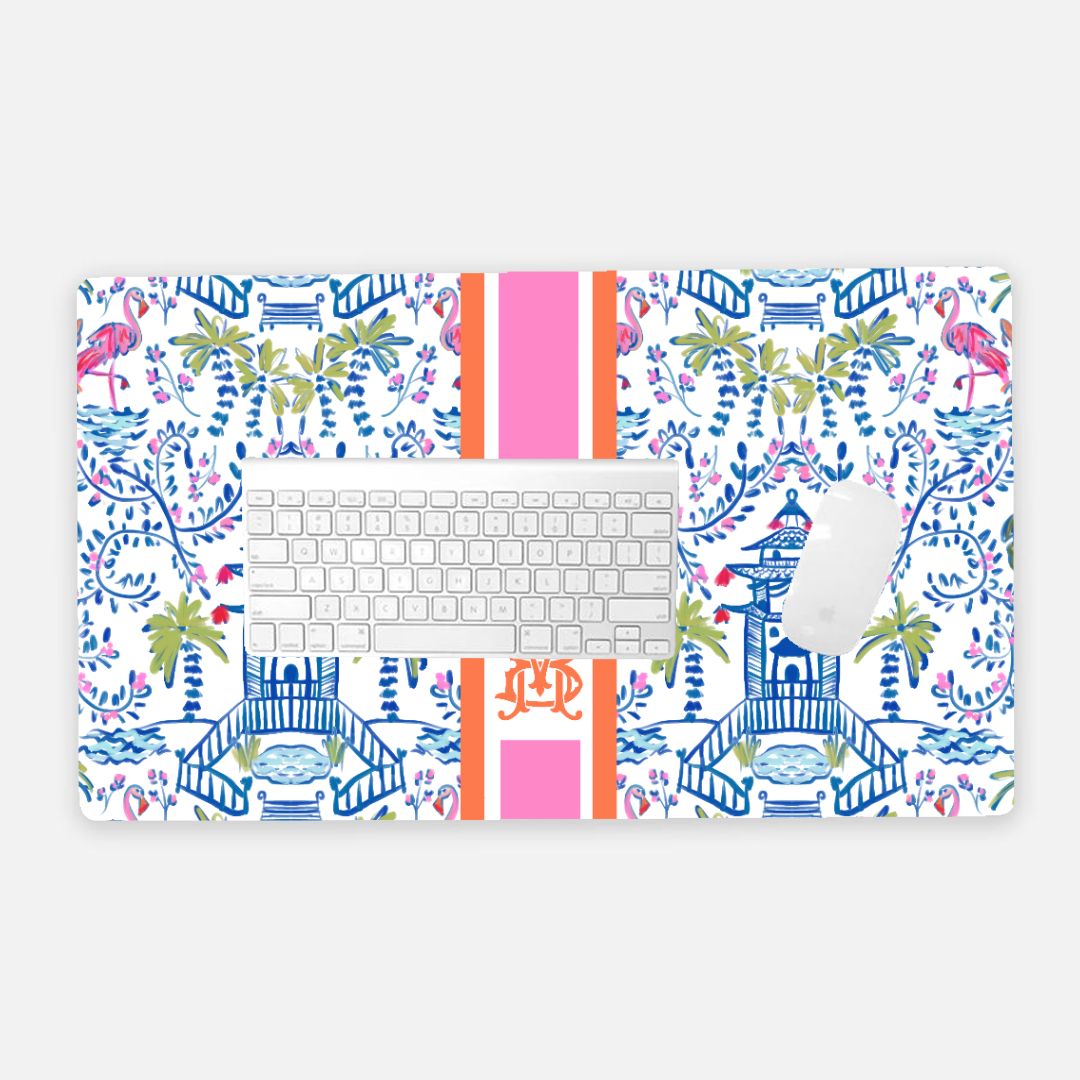 Colorful Chinoiserie Striped Monogrammed Desk Mat - Large (24" x 14")