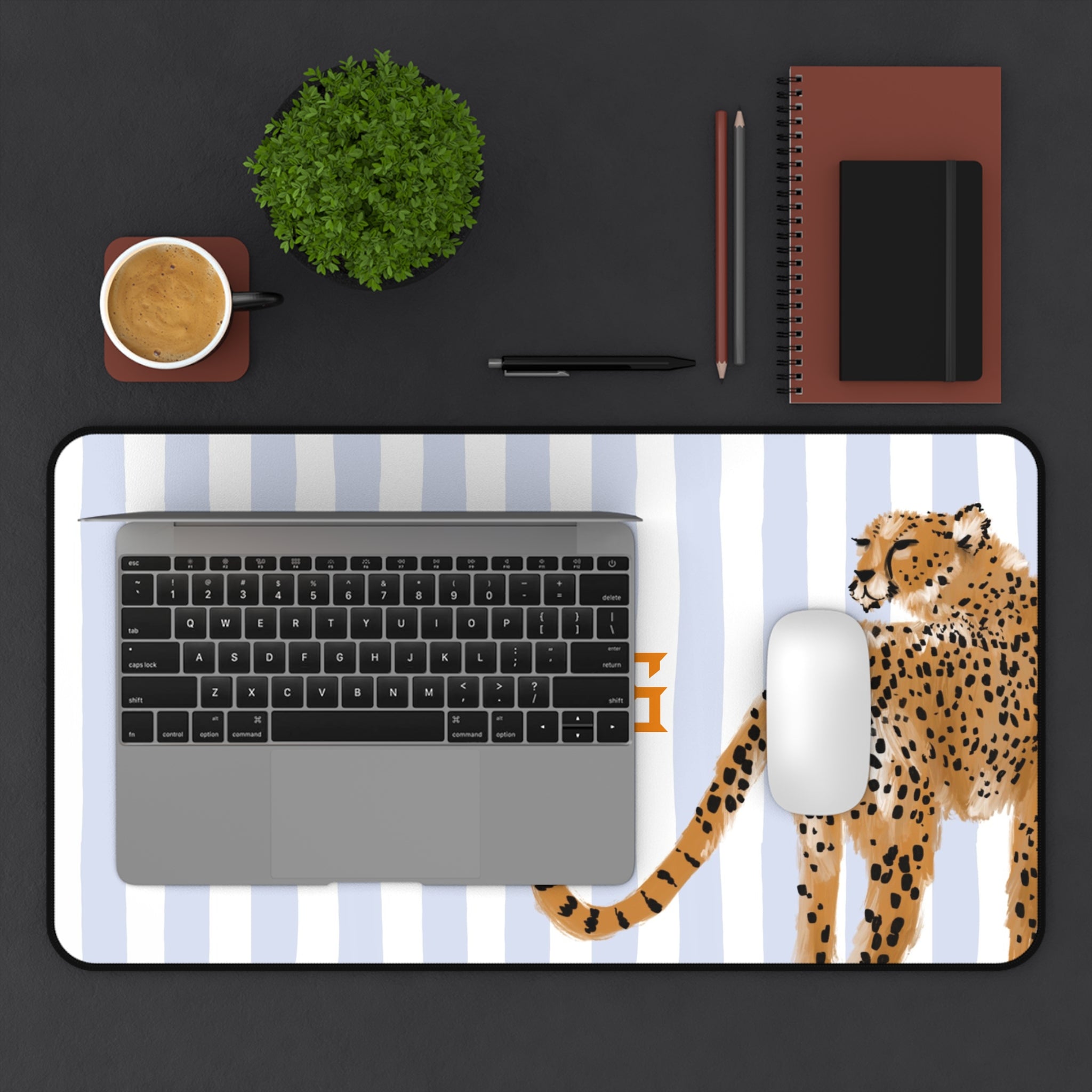 Preppy Cheetah (Blue) Monogrammed Desk Mat