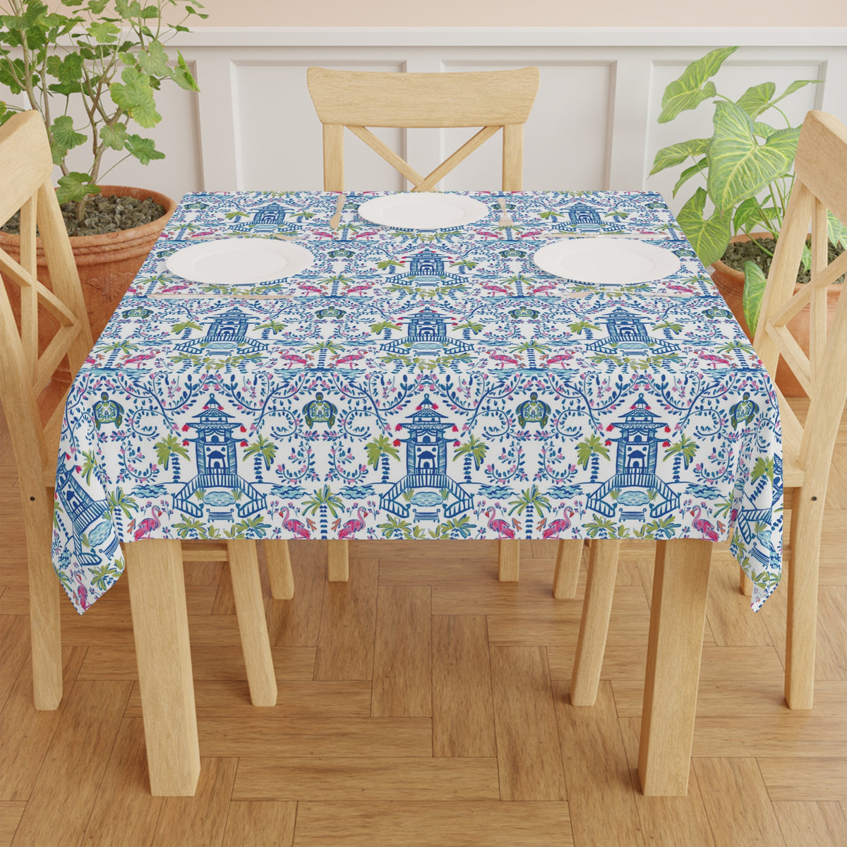 Colorful Coastal Chinoiserie Square Tablecloth