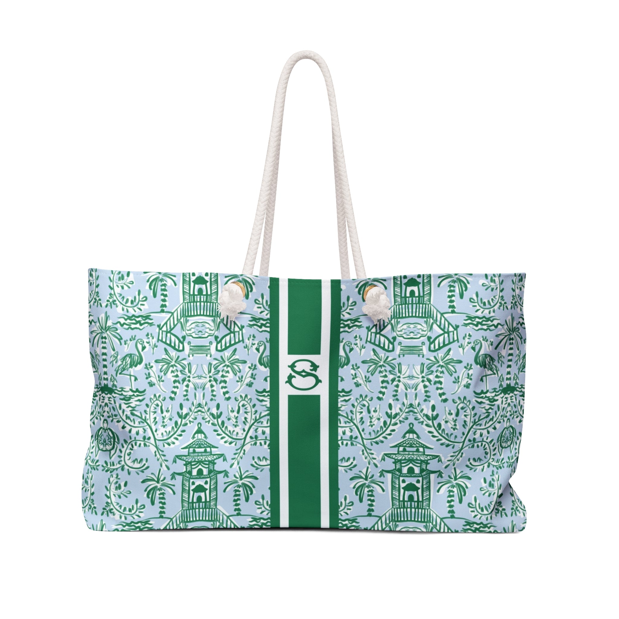 Chinoiserie Palms Striped Monogrammed Mahjong Bag