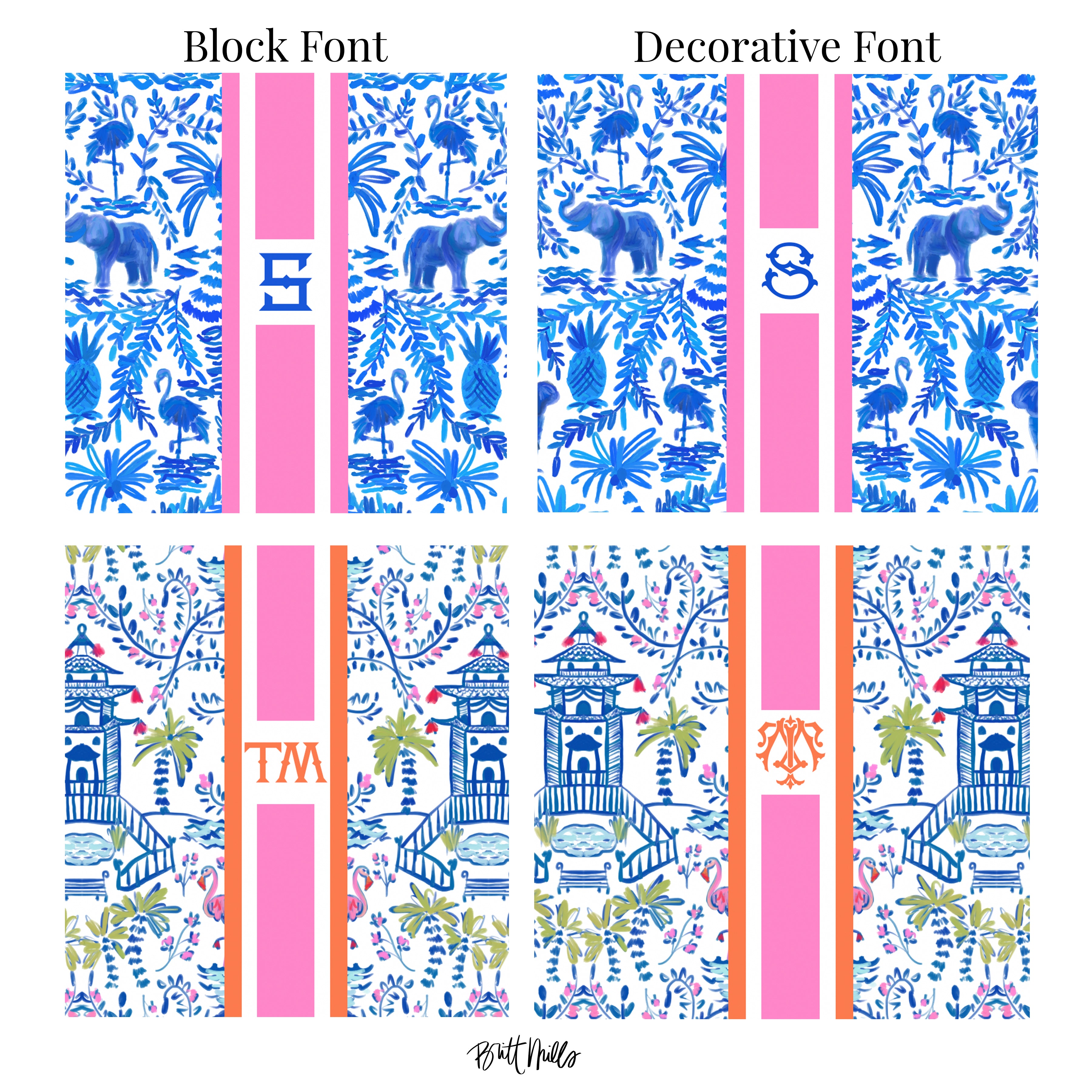 four different designs, each with a unique color scheme and pattern. The designs include a block font with blue and white floral patterns, a decorative font with blue and white floral patterns, a block font with blue and white floral patterns, and a decorative font with blue and white floral patterns.