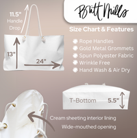 The image is a size chart and features of a white tote bag, including measurements and descriptions of its features.